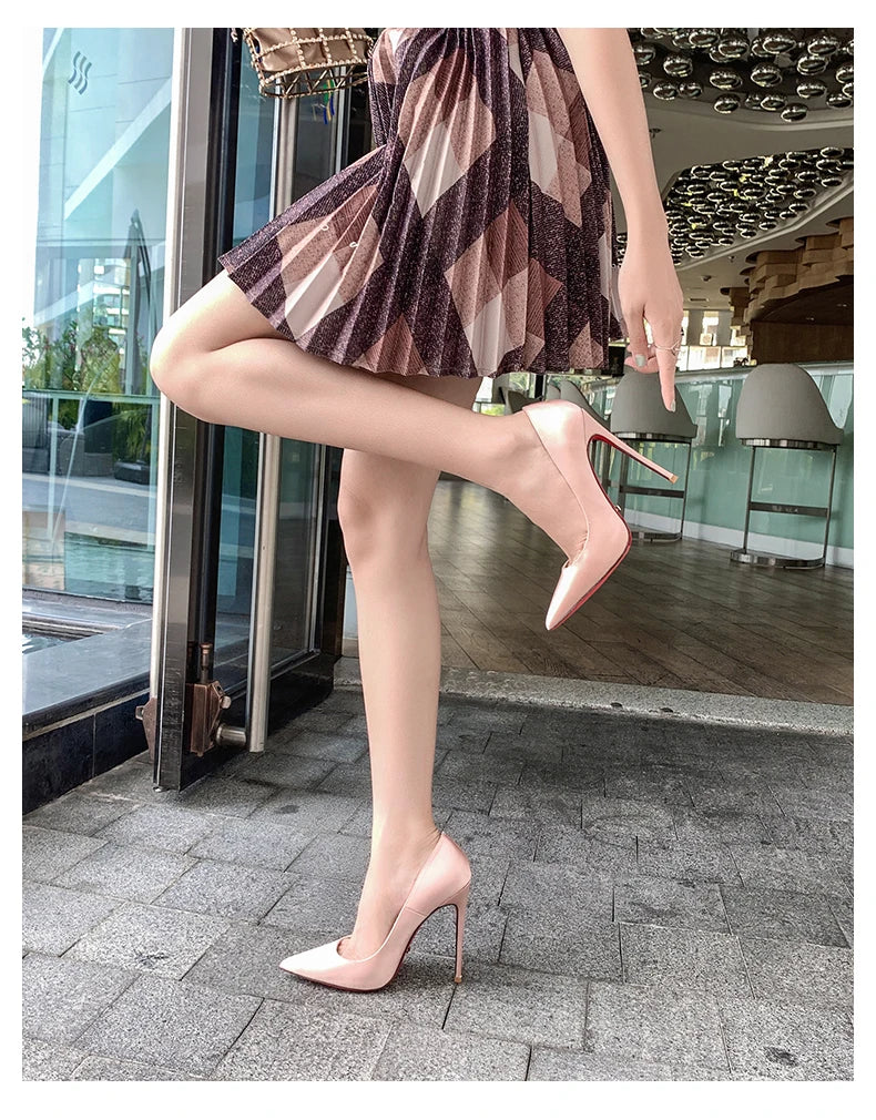 HLTINO, tacones altos de fondo rojo de 12cm, zapatos de lujo de cuero genuino, tacones de aguja súper altos para mujer con zapatos de tacón de primavera para mujer