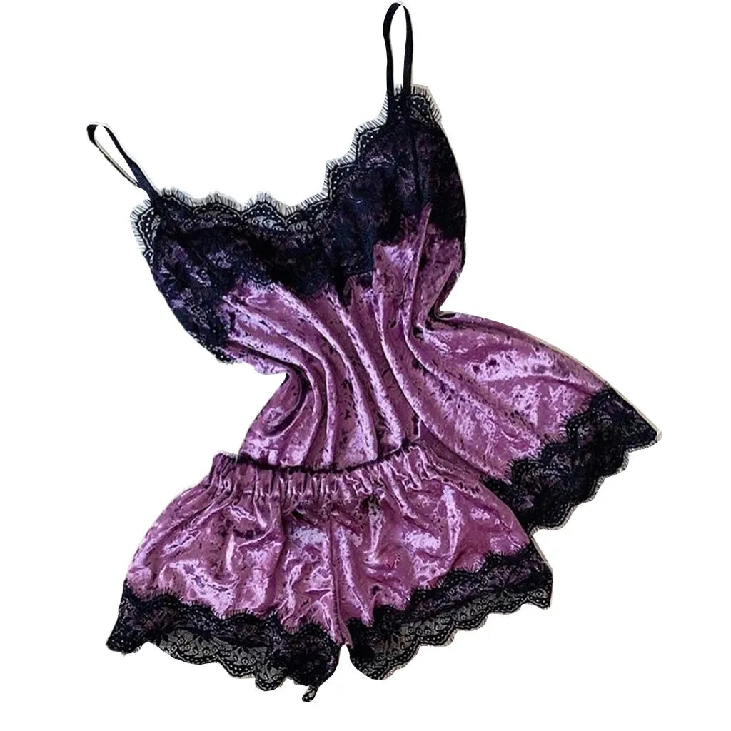 Pijamas de verano para mujer, ropa de dormir con lazo de terciopelo, ropa de dormir sin mangas con tirantes, camisola con adornos de encaje, conjuntos de pijama, lencería Sexy para mujer