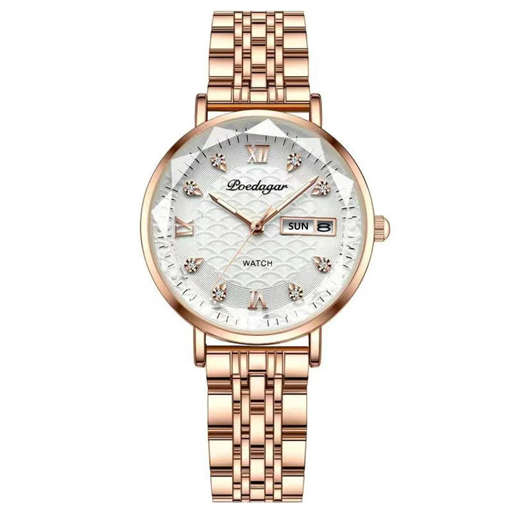 Reloj POEDAGAR para mujer, nueva moda, reloj de pulsera de acero inoxidable de lujo, pulsera Simple de oro rosa, relojes luminosos impermeables para mujer