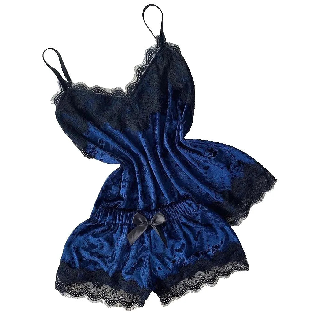 Pijamas de verano para mujer, ropa de dormir con lazo de terciopelo, ropa de dormir sin mangas con tirantes, camisola con adornos de encaje, conjuntos de pijama, lencería Sexy para mujer