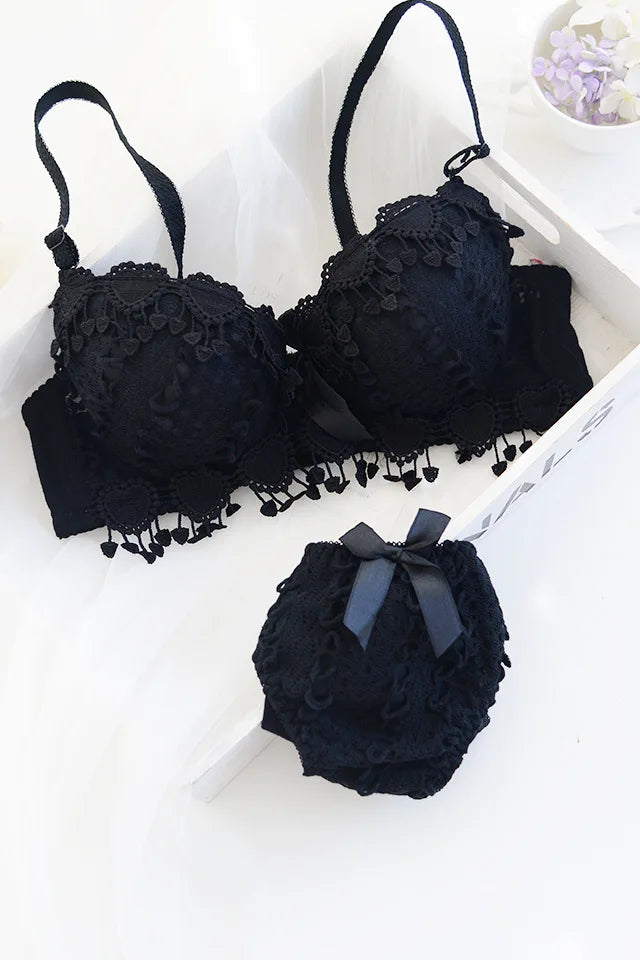 ZZYUP Lovely Girls Lace Bra Panty Sets Cute Japanese Underwire Push up Lace Bra Set