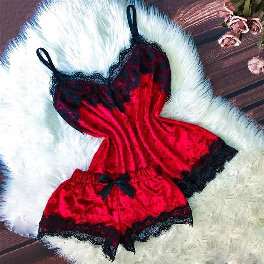 Pijamas de verano para mujer, ropa de dormir con lazo de terciopelo, ropa de dormir sin mangas con tirantes, camisola con adornos de encaje, conjuntos de pijama, lencería Sexy para mujer