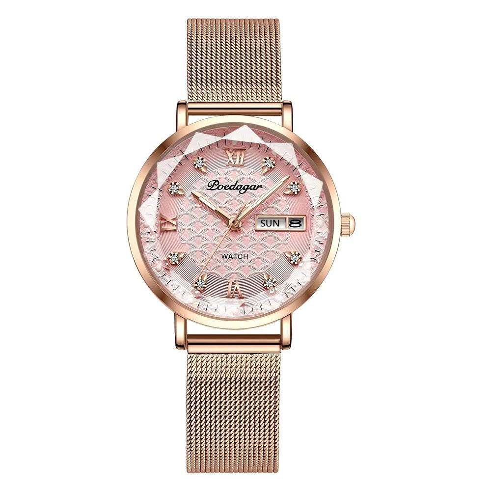 Reloj POEDAGAR para mujer, nueva moda, reloj de pulsera de acero inoxidable de lujo, pulsera Simple de oro rosa, relojes luminosos impermeables para mujer