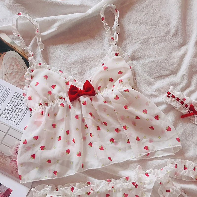 Conjunto de pijamas para mujer, lencería Sexy con corte de encaje, ropa de dormir de noche sin mangas para mujer, pijamas con estampado de fresa para mujer