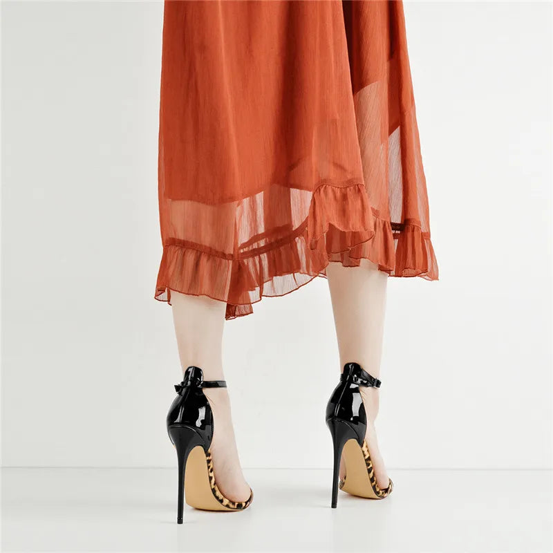 Onlymaker Women Peep Toe 12cm Ankle Strap Pointy  Leopard Sandals Stilettos  Party Thin Heels Summer Sandals