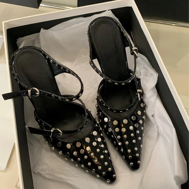 Ladies' Summer 2025 New Transparent Wedge Heel Sandals Pointed Rivets Party Fashion Show Heels