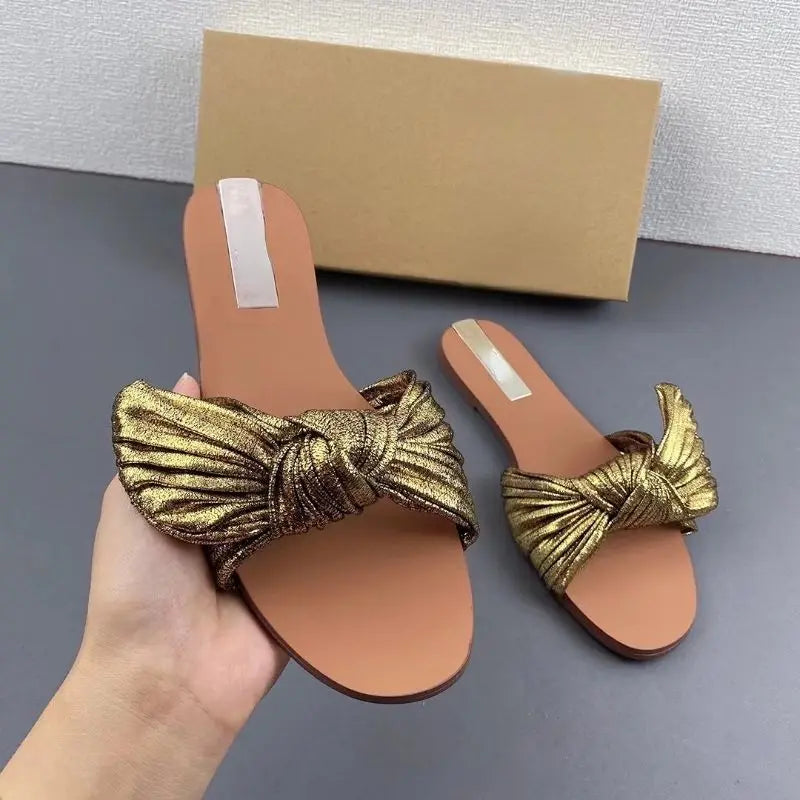 Sandali Donna Femme Gold Bow  Upper Slides Style Flat Women's Sandals for Ladies 2022