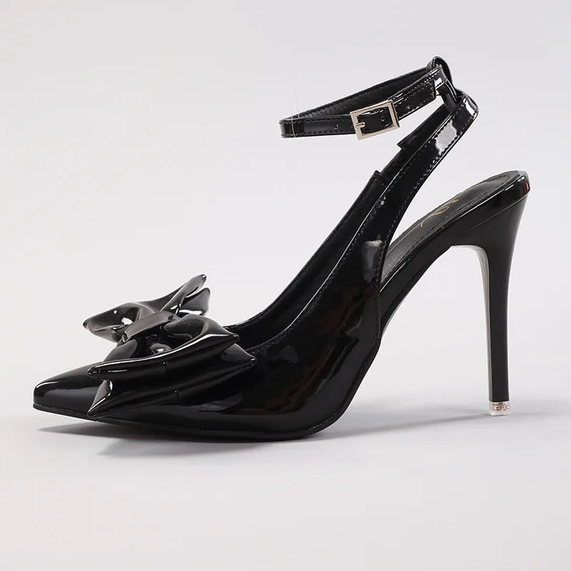 New Styles Fashion Trend Bow Stiletto Heel Patent Leather Pointed Toe Super High Heel Wedding Party Dress Sandals