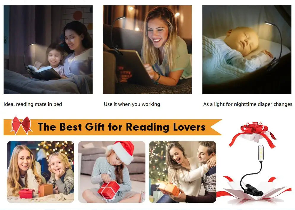 Lámpara de luz de lectura de libros recargable, luz de libro LED para leer en la cama, brillo ajustable para el cuidado de los ojos, 3 temperaturas de color