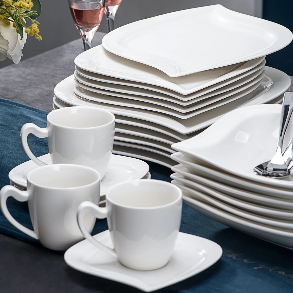 MALACASA-Juego de vajilla de porcelana blanca, juego de tazas, platillos, platos de cena, postre, sopa, servicio de vajilla para 30/60, 6/12 piezas