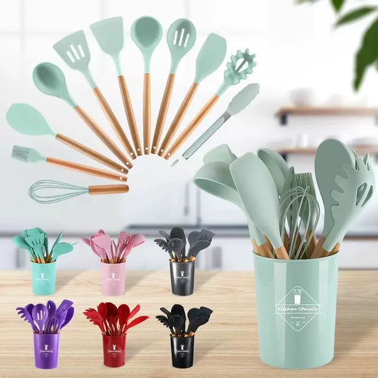 Kitchen Cooking Tool Kitchenware 12pcs Cooking Wood Utensils Kitchen Utensils Set Silicone Kitchen Utensils Set