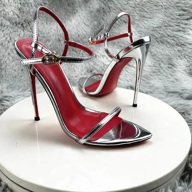 Red Bottom Patent Leather Classic Retro Strap Sandals Women's Summer New 12cm Thin-heeled Stiletto Heel Fairy Roman Elegant