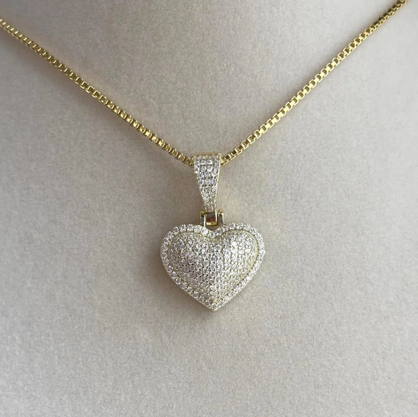 Small Christian Moissanite Puffed Heart Necklace with Diamond Pave Charm Gold Plated for Party Occasions