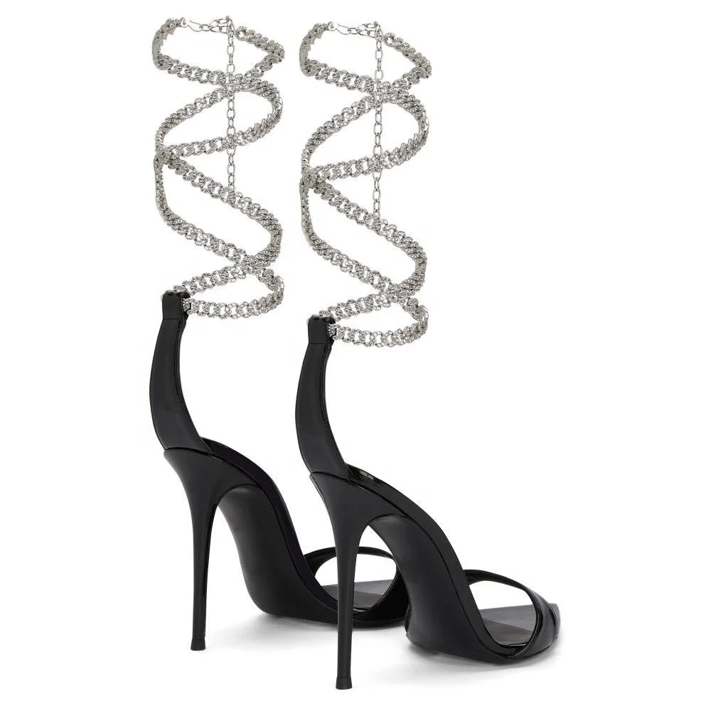 OEM Custom Luxury Women's High Heels Sandals New Style Summer Sexy Diamond Metal Chain Crystal Rhinestones Embellished Lace