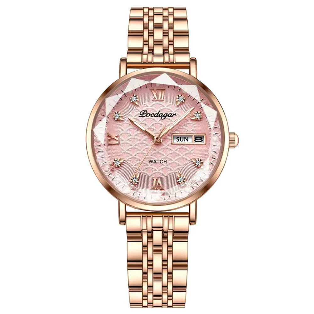 Reloj POEDAGAR para mujer, nueva moda, reloj de pulsera de acero inoxidable de lujo, pulsera Simple de oro rosa, relojes luminosos impermeables para mujer