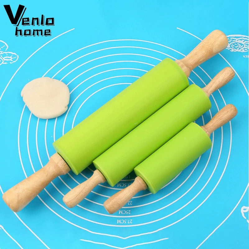 Rodillo de silicona antiadherente con mango de madera, rodillo de harina para masa de repostería, herramienta de cocina para Pasta, masa para galletas