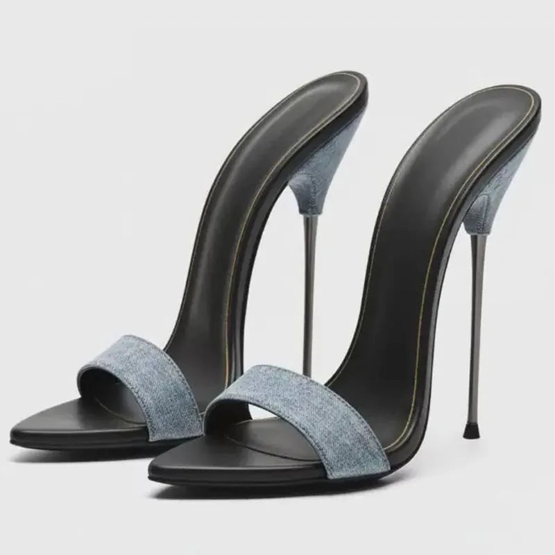 Women Supper High Silver Thin Heels Sandals Summer Big Size 45 Dress Wide Fit Denim Shoes Dress Stiletto Single Band Mules