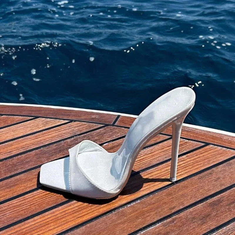 Talon Femme 2025 Summer Fashion PVC Mules Shoes Women 12cm PU Rubber Thin Heels Platform Trending Escarpins Pour Femmes Slippers