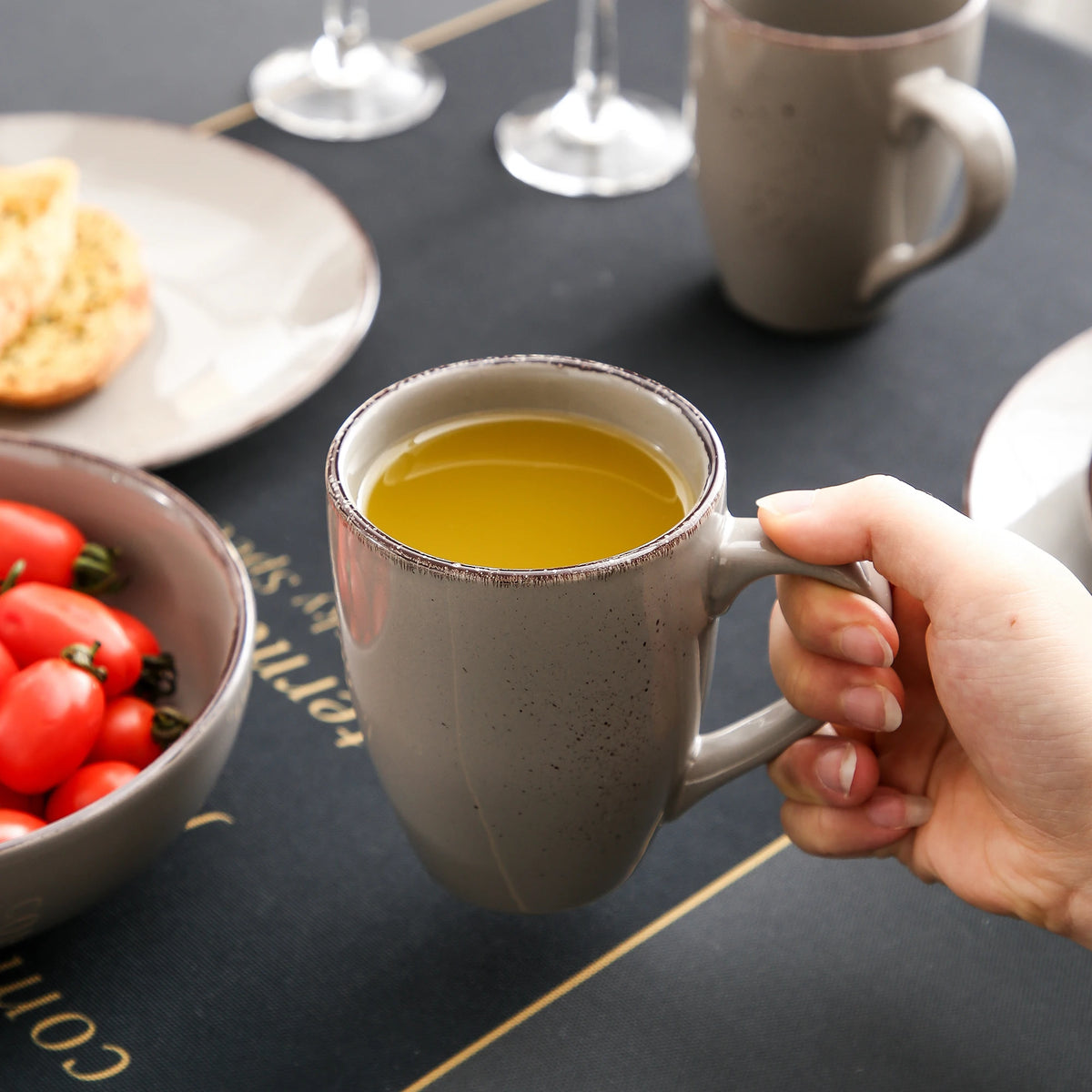 Vajilla de cerámica de gres, conjunto de taza, plato de cena, plato de postre y cuenco de 800 ml, modelo Vancasso VC-NAVIA-2-SLX123, color gris, desde 16, 32 y 48 piezas