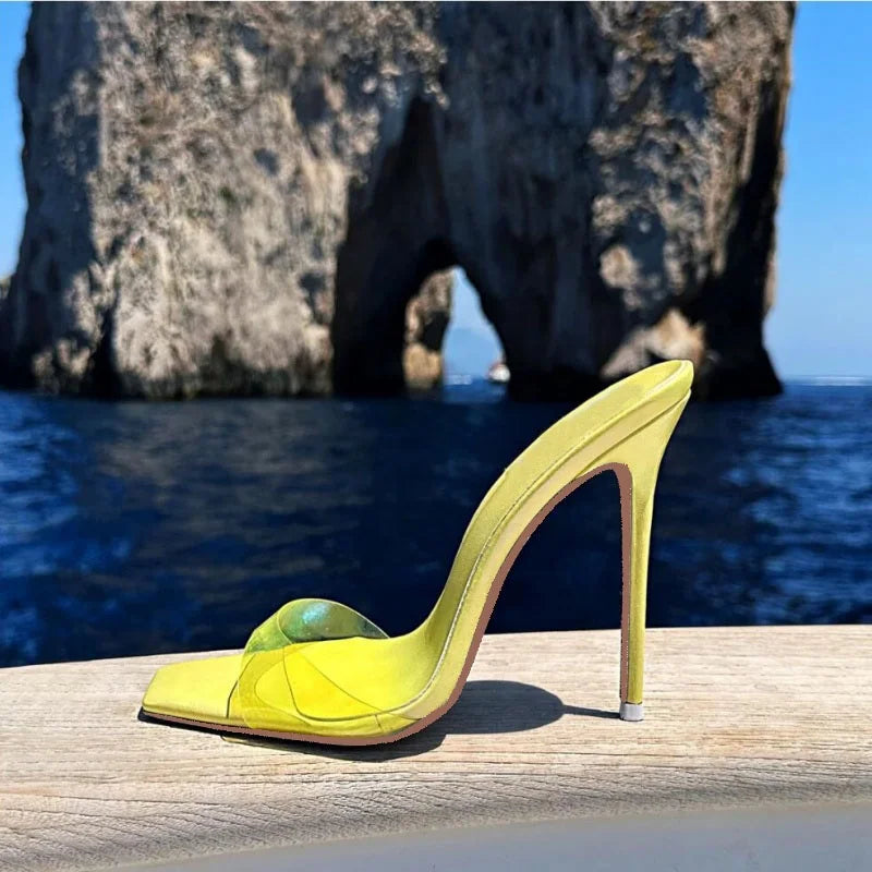 Talon Femme 2025 Summer Fashion PVC Mules Shoes Women 12cm PU Rubber Thin Heels Platform Trending Escarpins Pour Femmes Slippers