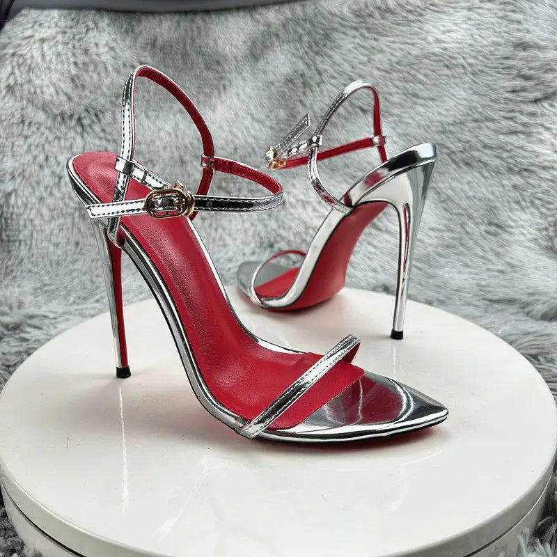 Red Bottom Patent Leather Classic Retro Strap Sandals Women's Summer New 12cm Thin-heeled Stiletto Heel Fairy Roman Elegant