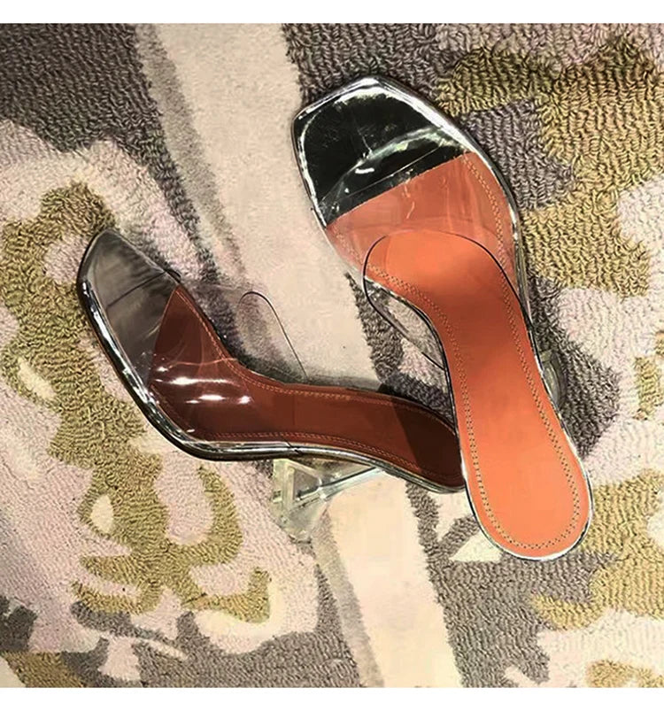 Zapatillas de tacón de aguja para mujer, sandalias transparentes con punta abierta, de cristal, 2021