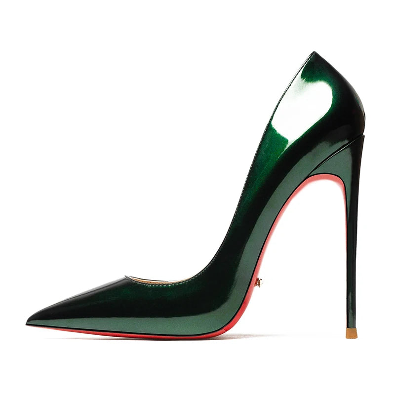 HLTINO, tacones altos de fondo rojo de 12cm, zapatos de lujo de cuero genuino, tacones de aguja súper altos para mujer con zapatos de tacón de primavera para mujer