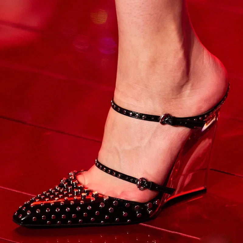 Ladies' Summer 2025 New Transparent Wedge Heel Sandals Pointed Rivets Party Fashion Show Heels