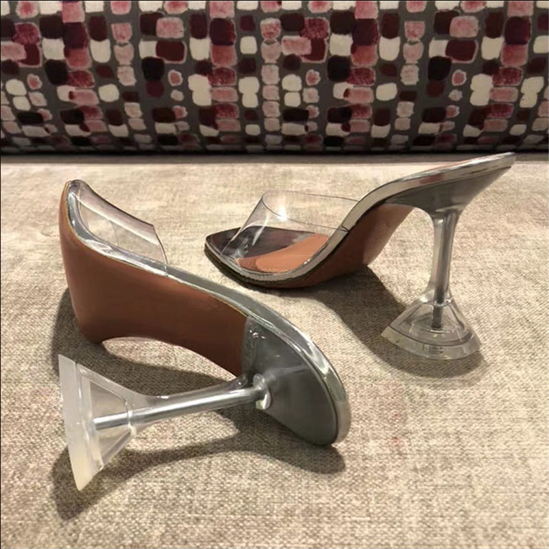 Zapatillas de tacón de aguja para mujer, sandalias transparentes con punta abierta, de cristal, 2021