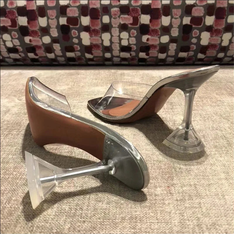 Zapatillas de tacón de aguja para mujer, sandalias transparentes con punta abierta, de cristal, 2021