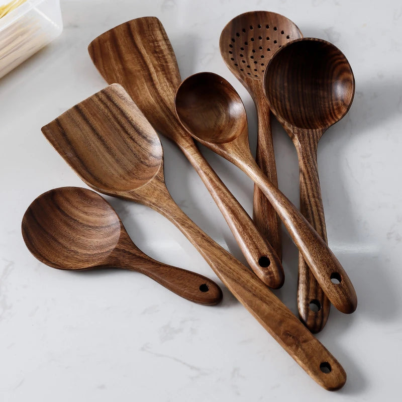 Vajilla de madera Natural de teca tailandesa, cuchara, cucharón, colador de arroz largo, espumadera de sopa, cucharas de cocina, juego de herramientas de cocina