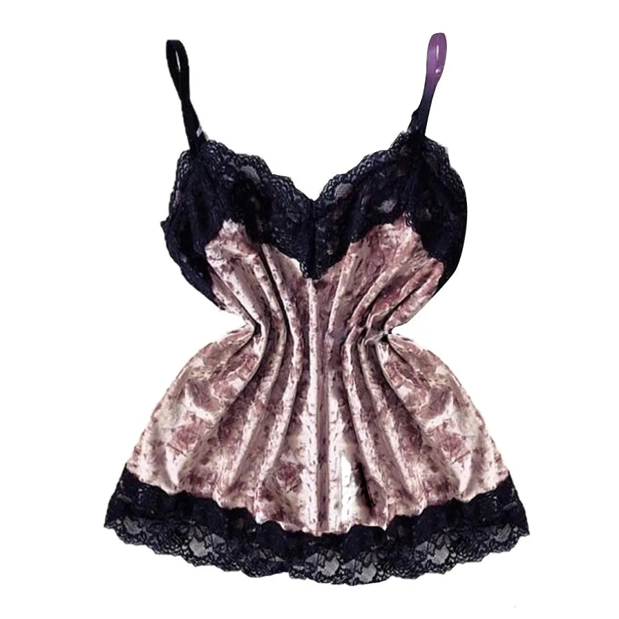 Pijamas de verano para mujer, ropa de dormir con lazo de terciopelo, ropa de dormir sin mangas con tirantes, camisola con adornos de encaje, conjuntos de pijama, lencería Sexy para mujer