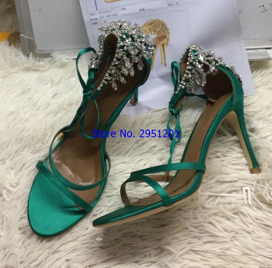 Sandalias de gladiador ostentosas para mujer, zapatos de tacón alto con tiras de ante, con cordones y diamantes de imitación, para verano