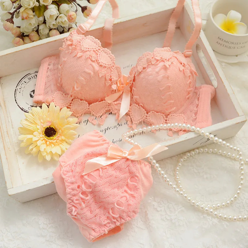 ZZYUP Lovely Girls Lace Bra Panty Sets Cute Japanese Underwire Push up Lace Bra Set