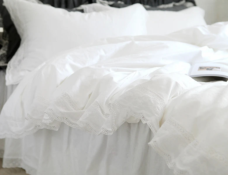 Funda nórdica romántica de lujo con volantes, ropa de cama blanca, funda nórdica King, juego de cama de encaje, funda de edredón de algodón sólido de princesa, juego de edredón Queen