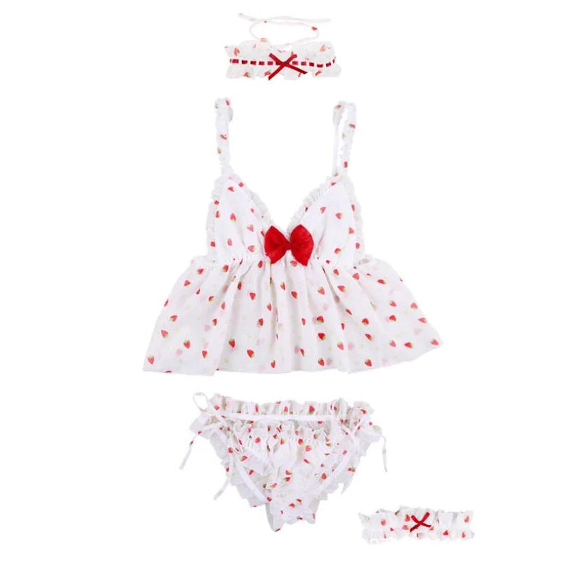 Conjunto de pijamas para mujer, lencería Sexy con corte de encaje, ropa de dormir de noche sin mangas para mujer, pijamas con estampado de fresa para mujer