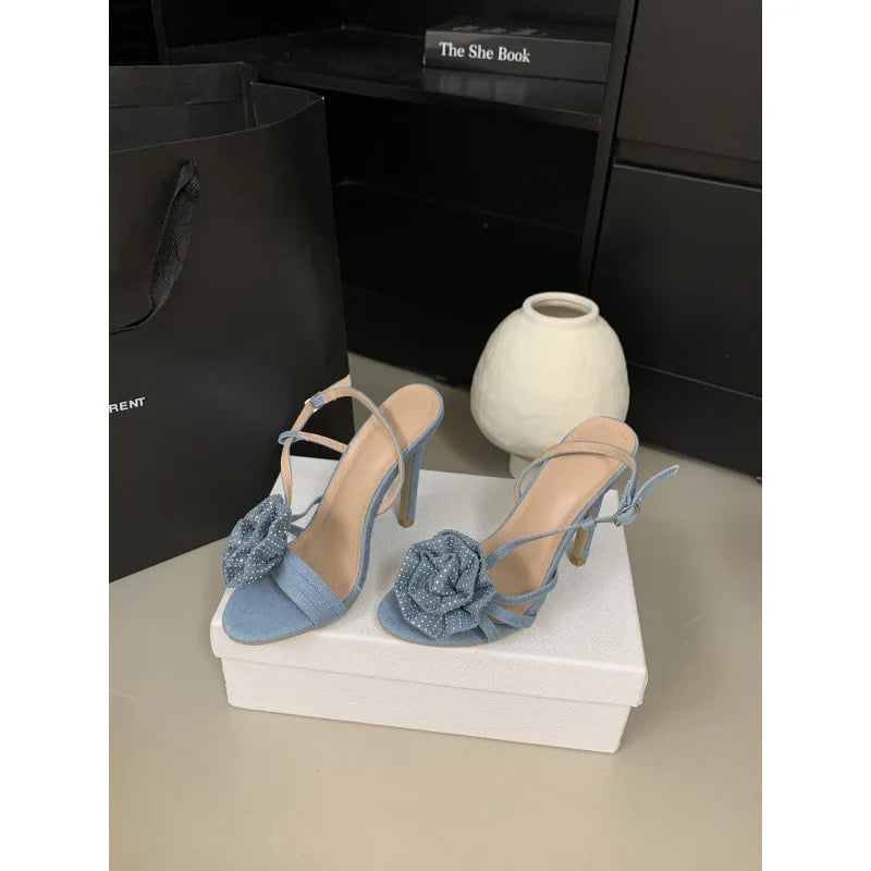 Women's Open-Toe Denim Pumps Rhinestone Flower Back Strap Design High-Heeled High Top Style Slim Heels Slip-On Sandals