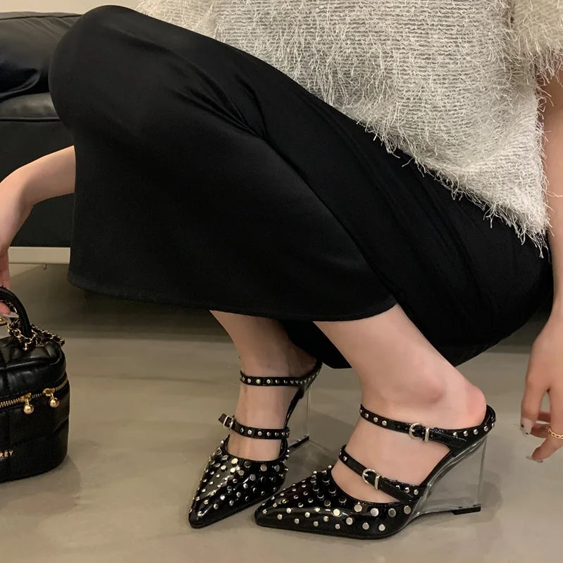 Ladies' Summer 2025 New Transparent Wedge Heel Sandals Pointed Rivets Party Fashion Show Heels
