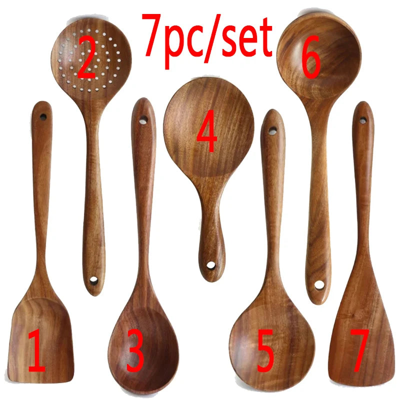 Vajilla de madera Natural de teca tailandesa, cuchara, cucharón, colador de arroz largo, espumadera de sopa, cucharas de cocina, juego de herramientas de cocina