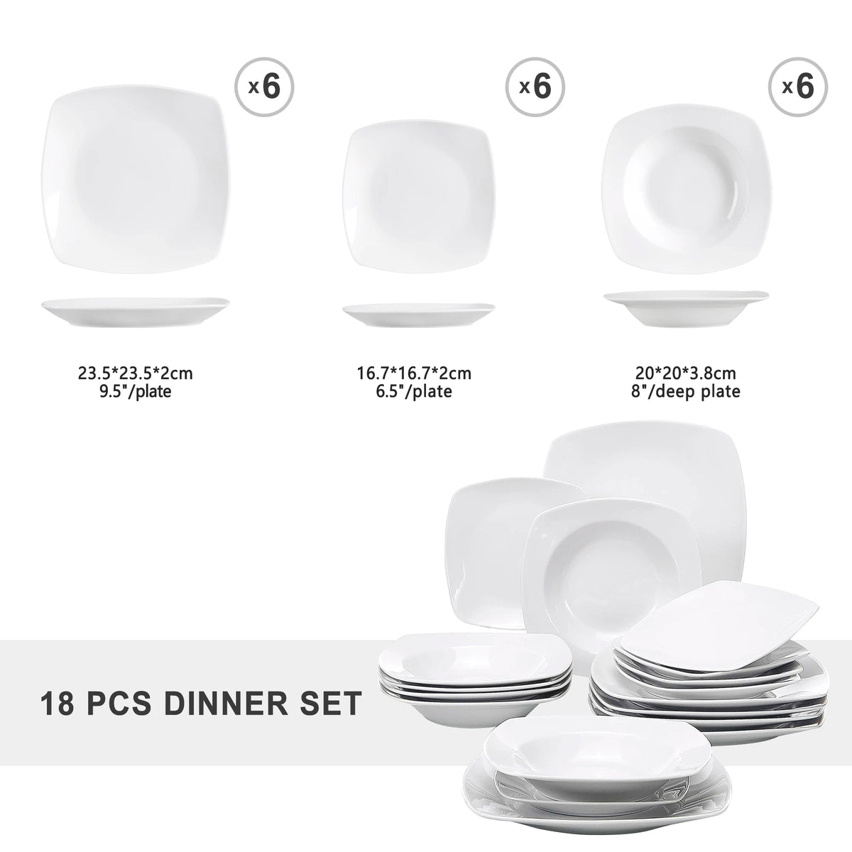 MALACASA-vajilla de porcelana de cerámica JULIA Classic, juego de 18 piezas con 6 platos de cena, sopa, postre, servicio de vajilla para 6