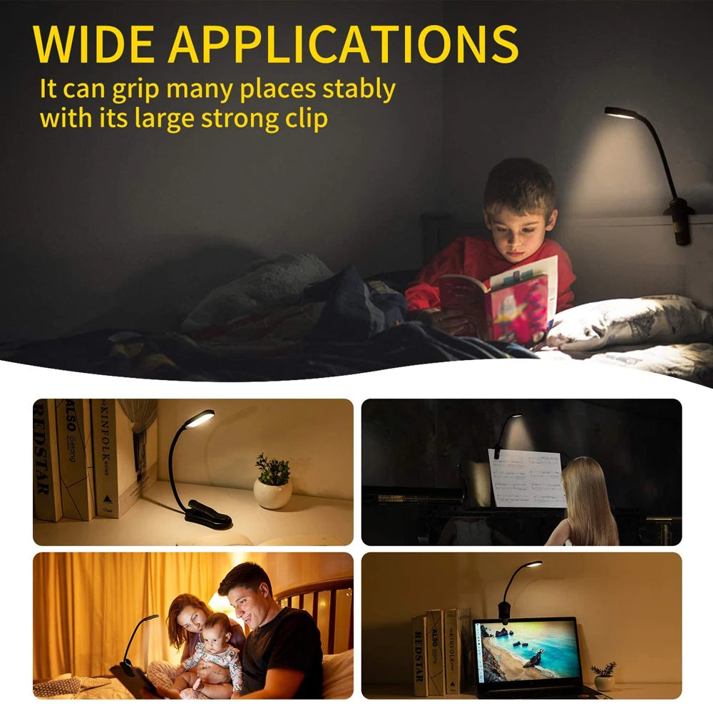 Lámpara de luz de lectura de libros recargable, luz de libro LED para leer en la cama, brillo ajustable para el cuidado de los ojos, 3 temperaturas de color