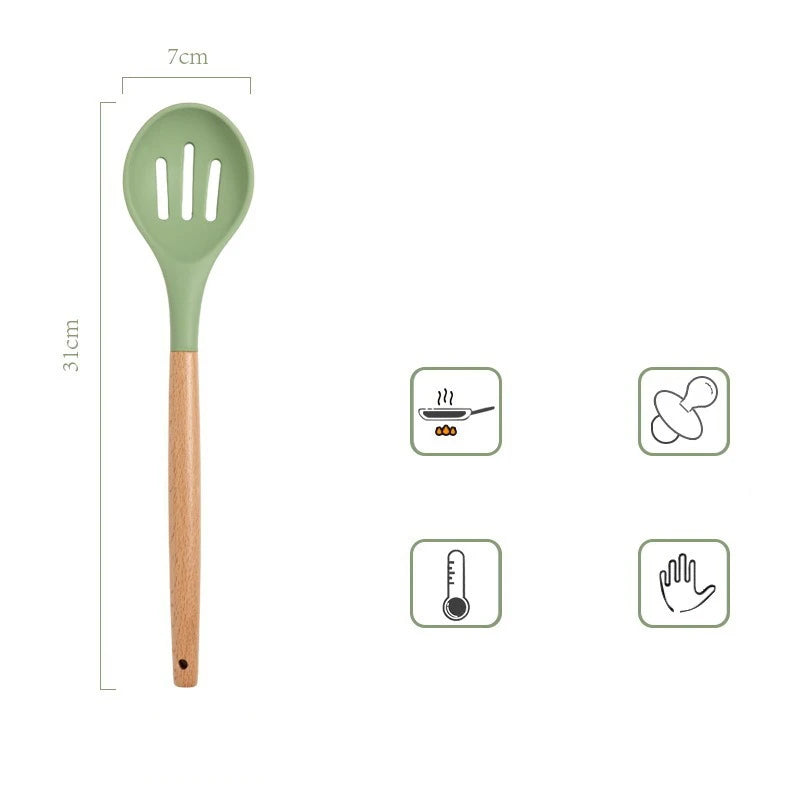 Utensilios de silicona verde aguacate, juego de herramientas de cocina con mango de madera, espátula antiadherente, cucharón, batidores de huevos, pala, nuevo