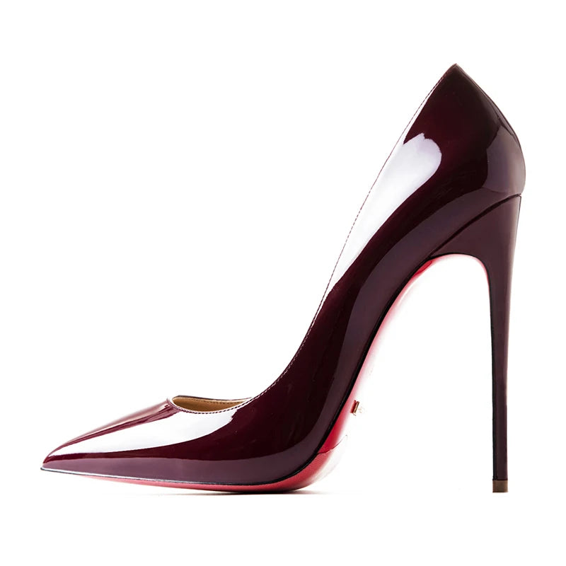 HLTINO, tacones altos de fondo rojo de 12cm, zapatos de lujo de cuero genuino, tacones de aguja súper altos para mujer con zapatos de tacón de primavera para mujer