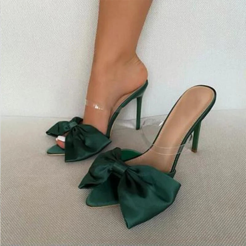 New 2024 European and American New Sexy Pointed Bow with PVC Thin High Heel Sandals