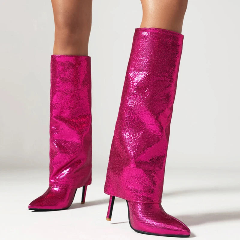 Large Size 47 Sequin Materials Thin High Heel Overlay Boots Wide Fit Stiletto Shoes Women's Knee High Pants Booties