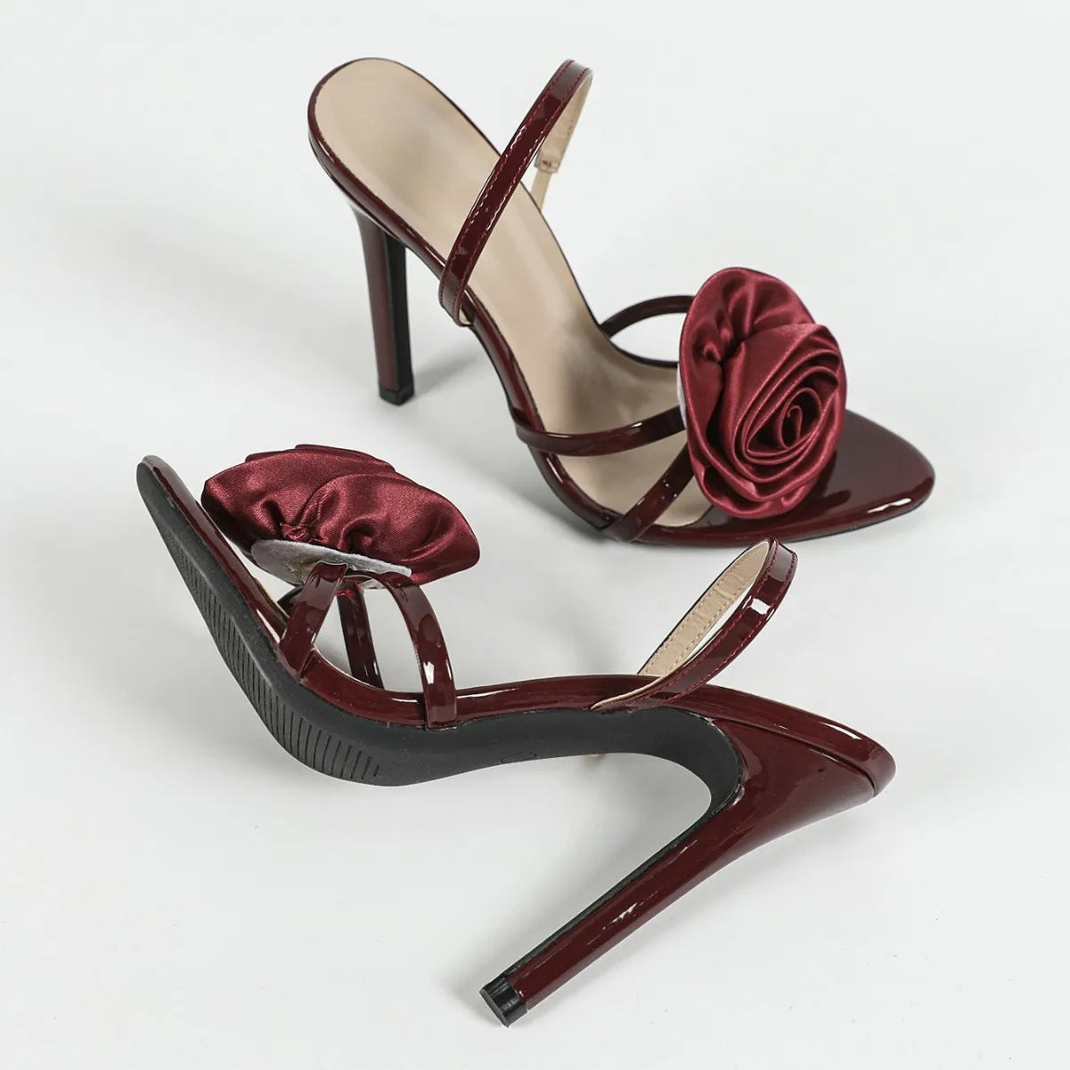 Rose Red Open Toe Ankle Strap Stiletto Heel Sandals Three-Dimensional Flower Design Summer Outdoor Fashion Trend Slip-On Closure
