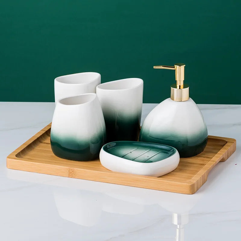 Juegos de accesorios de baño de cerámica, dispensador de loción gradiente, botella de bomba, soporte para cepillo de dientes, taza de enjuague bucal, jabón, herramientas de lavado de platos