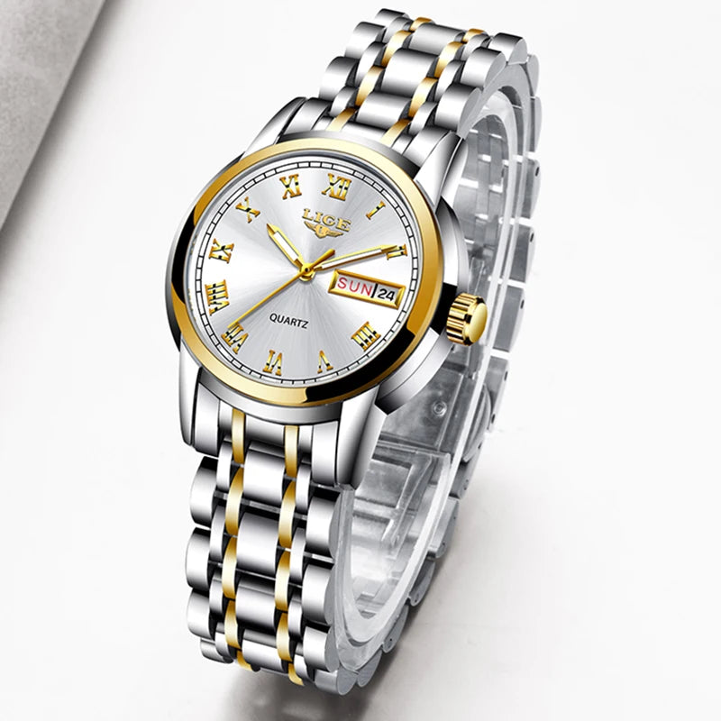 LIGE 2025 reloj de oro nuevo para mujer, relojes creativos de acero para mujer, relojes de pulsera para mujer, reloj impermeable para mujer, reloj femenino