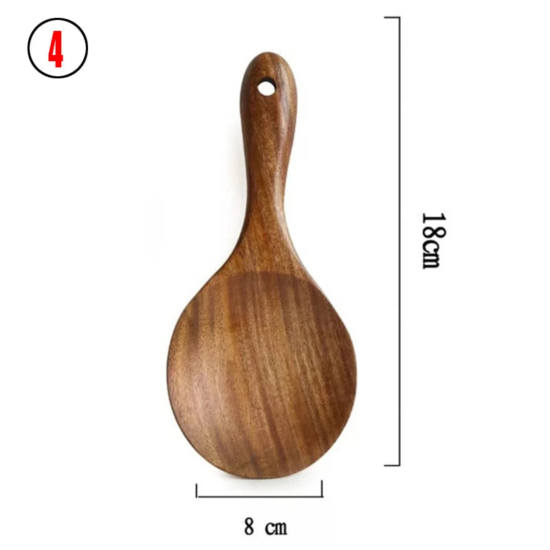 Vajilla de madera Natural de teca tailandesa, cuchara, cucharón, colador de arroz largo, espumadera de sopa, cucharas de cocina, juego de herramientas de cocina