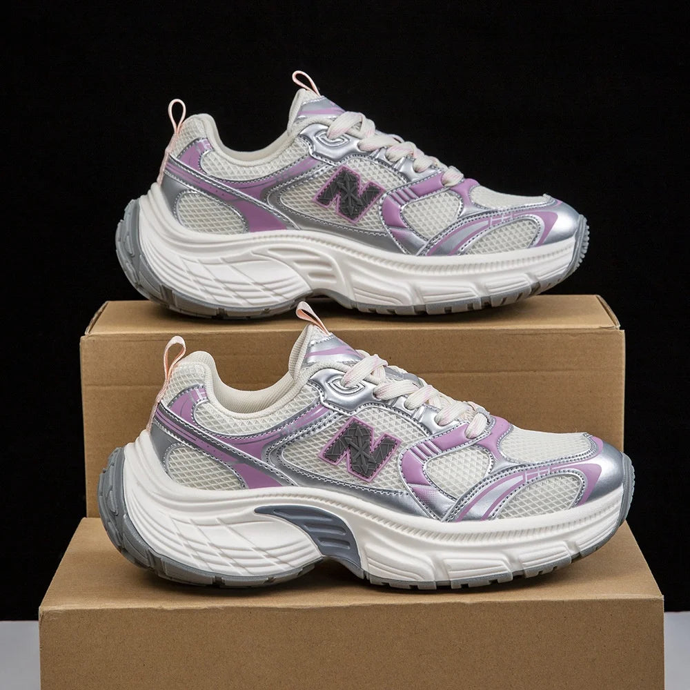 2025 New Dad Shoes Sports Casual Mesh Solid Spring Super Elastic Thick Sole Height Increasing Breathable Couple Running Shoes
